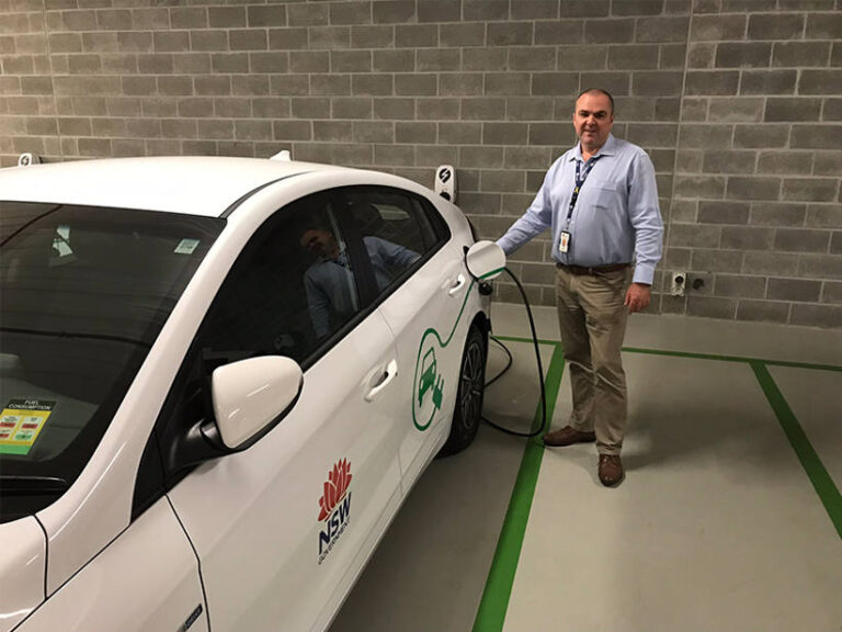 Peter Bowker, Manager Fleet Services using one of Transport for NSW’s 19 charging stations at their new Macquarie Park office