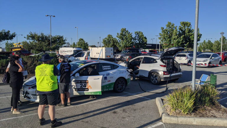 The way to charge a Tesla during a Targa rally pitstop