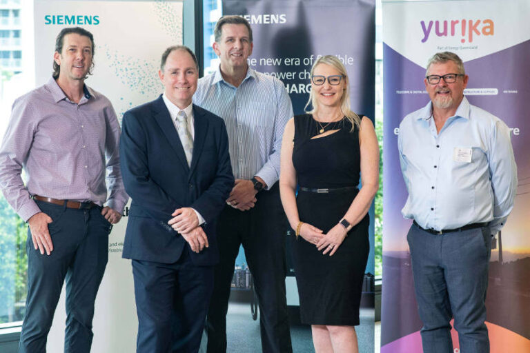 from left: Bryn Somers, from Yurika, Brett Watson, Country Business Unit Manager at Siemens Australia, Troy Sampson, from Yurika, Carly Irving, the Executive General Manager for Yurika, and Adam Croxton, from Siemens Australia.