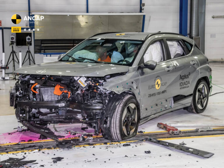 Latest ANCAP Four-star safety rating for Hyundai Kona front view after crash
