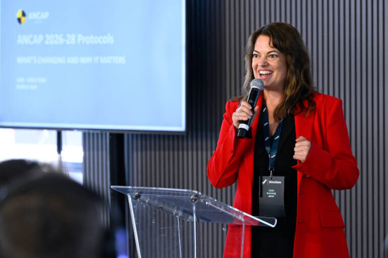 MELBOURNE, AUSTRALIA - MARCH 05: Carla Hoorweg, CEO ANCAP addresses the crowd during the HERE Technologies conference in the Chicane Pavilion at Albert Park Grand Prix Circuit on March 05, 2026 in Melbourne, Austra